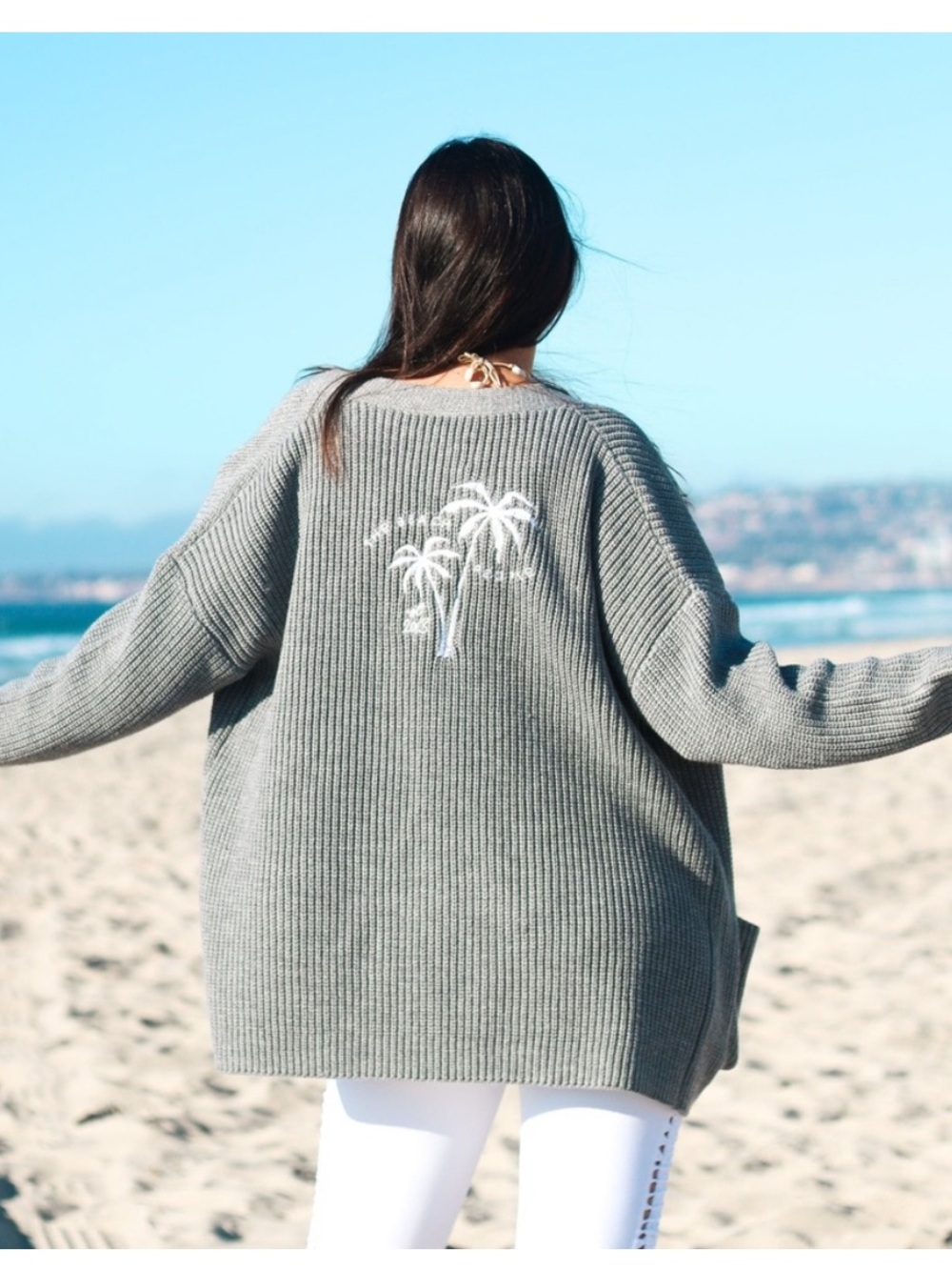 The Beach People XS/S Gray Chunky Knit Cardigan Palm Tree Embroidered Coastal